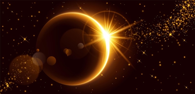 黒い背景に金色の光フレア効果複数の金色の輝きできらめく明るい日食のベクトル現実的なイラスト暗闇の中で輝くネオンイエローリング魔法のエネルギー
