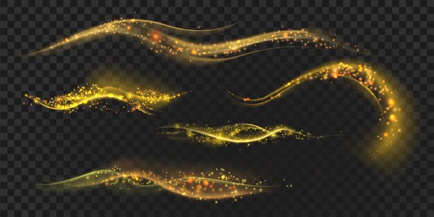 Golden magic light waves with star dust, glitter and sparkles. gold shining comet trail with particles. christmas glowing effect vector set. illustration of magic golden light, glowing trail