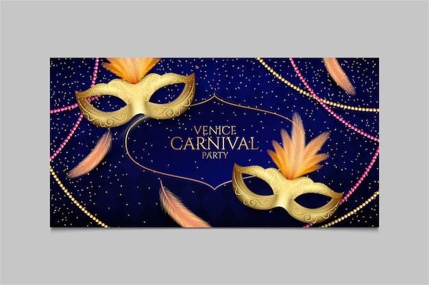 Golden masks with feathers venetian carnival web banner