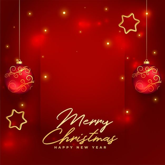 Free vector golden merry christmas red background with hanging ball design vector illustration