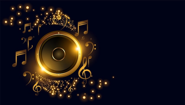 Golden music speaker with sound notes background