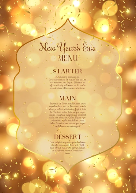 Golden New Years Eve Menu Design with Bokeh Lights Background – Free Vector Download