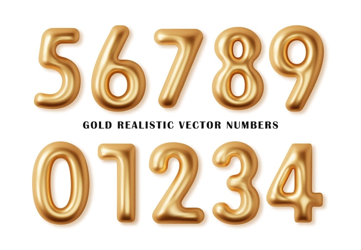 Free Vector golden numbers set 3d realistic metal golden font number 1234567890 decoration for banner cover birthday or anniversary party invitation design