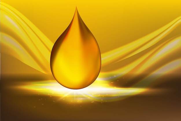 Бесплатное векторное изображение Золотые капли масла на желтом фоне с сияющими лучами коллагеновая эссенция или векторная иллюстрация капель золотой сыворотки для косметической брошюры