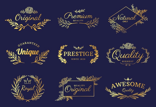 Golden ornament labels. luxury floral badges and logo with leaf, flowers and crown. vintage gold royal premium flourishes element vector set. prestige, unique and premium quality text