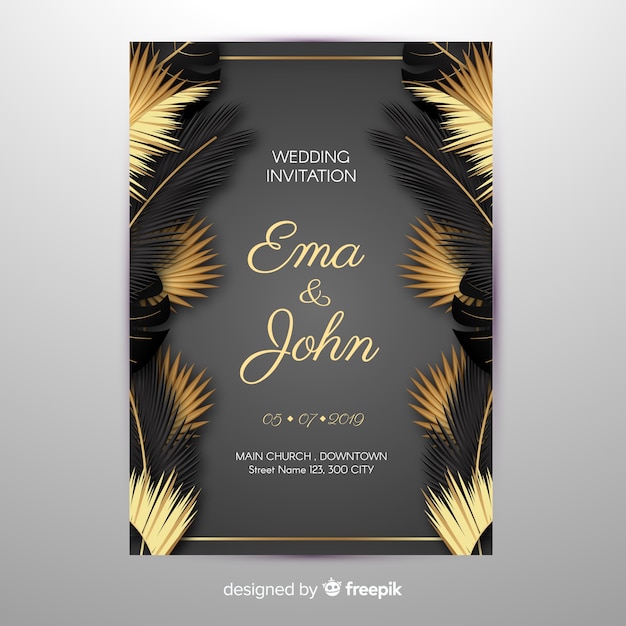 Free vector golden palm leaves wedding invitation