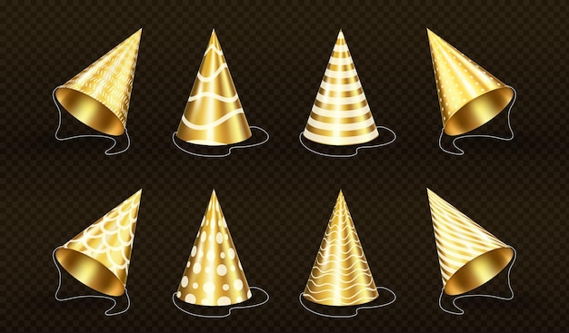 Free vector golden party hats with patterns mockup