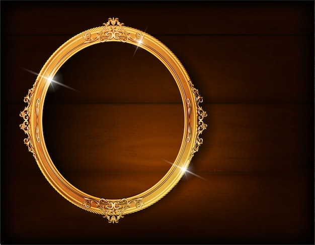 Golden photo oval frame on wood wall