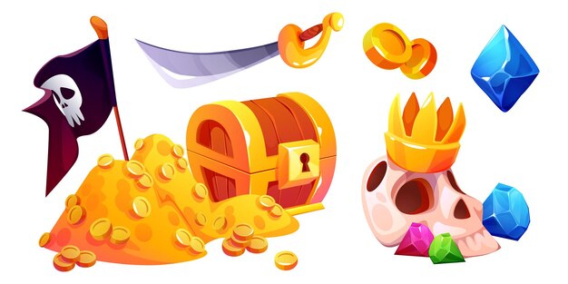 Golden pile near wooden pirate treasure chest