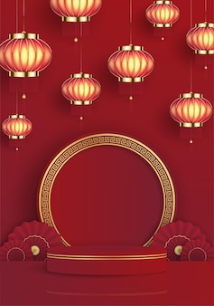 Golden podium chinese new year on red background