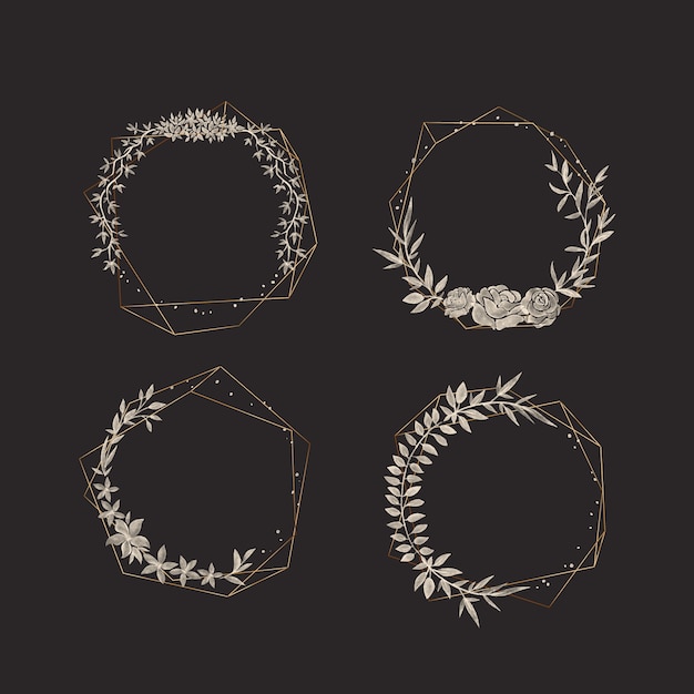 Golden polygonal frames with elegant flowers collection