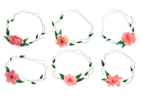 Free vector golden polygonal frames with elegant flowers set