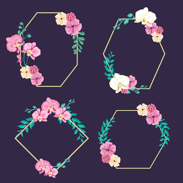 Free vector golden polygonal frames with elegant flowers