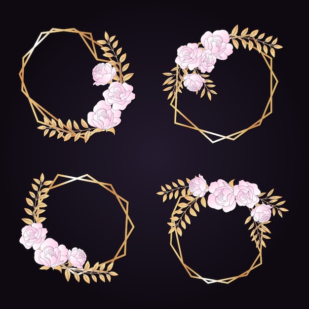 Free vector golden polygonal frames with elegant flowers