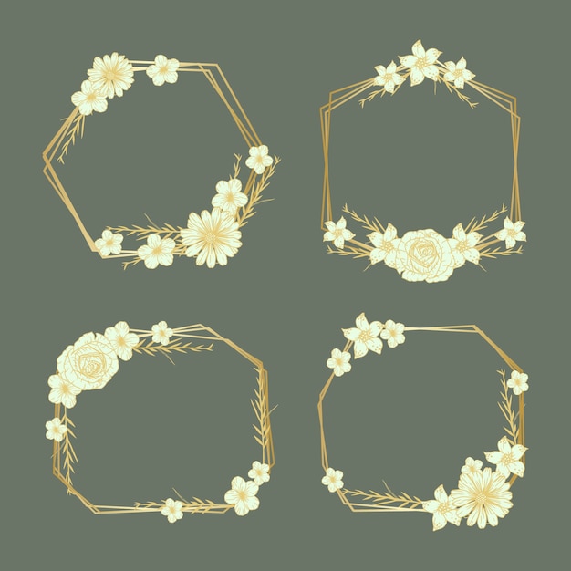 Free vector golden polygonal frames with elegant flowers