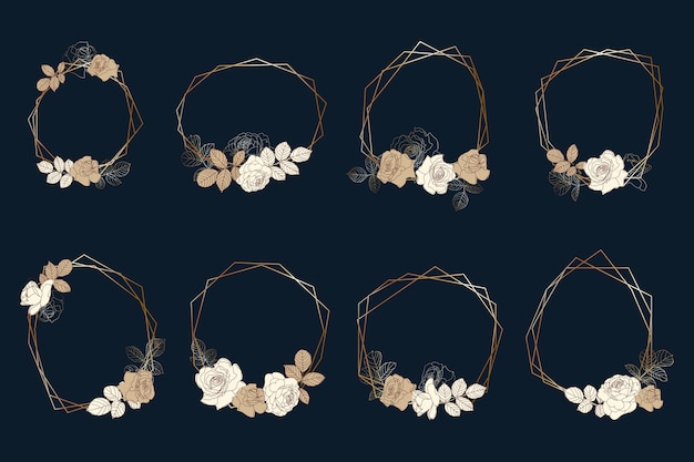 Free vector golden polygonal frames with elegant flowers