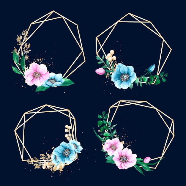 Free vector golden polygonal frames with flowers