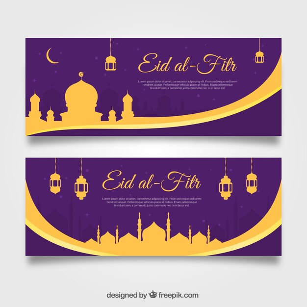 Golden and purple eid al-fitr banners