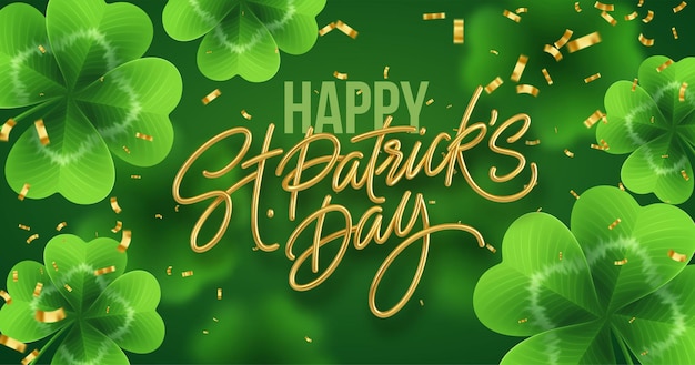 Golden realistic lettering happy st. patricks day with realistic clover leaves.