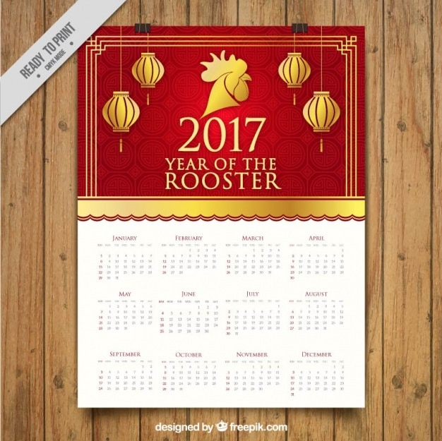 Golden and red calendar for year of the rooster