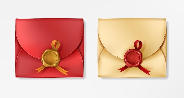 Винтажные золотые и красные конверты с сургучными печатями. Заготовка закрытая круглым штампом с лентой.