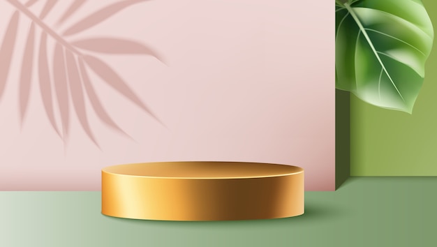 Golden round container surrounded by pink and green walls with exotic leaves