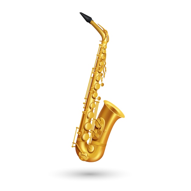 Golden saxophone on white background in cartoon style 