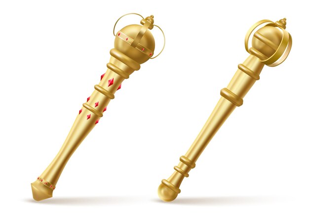 Золотые скипетры для короля или королевы, королевская палочка с красными драгоценными камнями иллюстрации