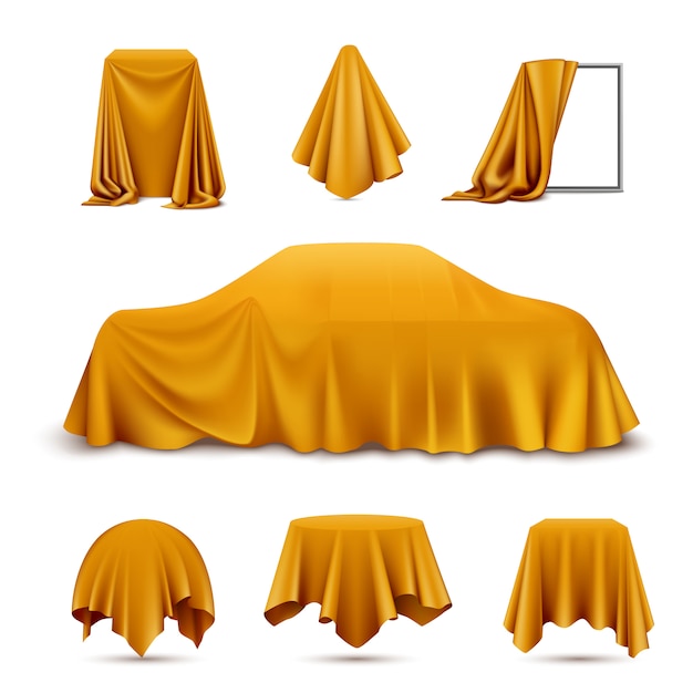 Golden silk cloth covered objects realistic set with draped frame car hanging napkin tablecloth curtain