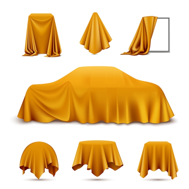 황금 실크 천으로 덮여 냅킨 식탁보 커튼 draped 프레임 자동차와 현실적인 세트 개체