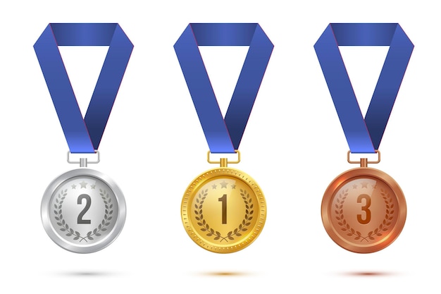 Золотые серебряные и бронзовые пустые медали, висящие на синих лентах на белом фоне