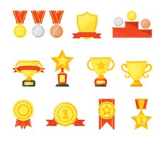 Golden, silver, bronze medals, cups and badges cartoon set. winners trophies awards collection on white studio. championship, triumph, goal achievement concept. prize design element