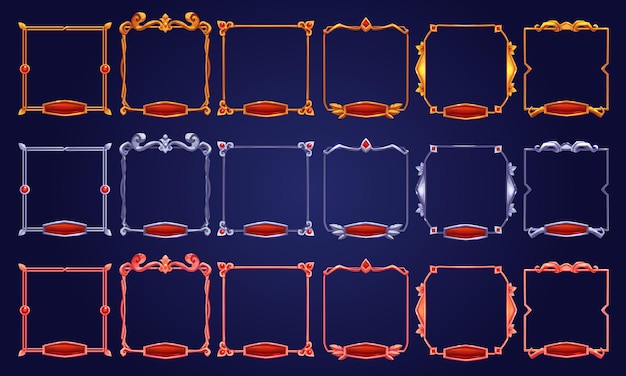 Бесплатное векторное изображение Золотые серебряные медные винтажные игровые рамки пользовательского интерфейса