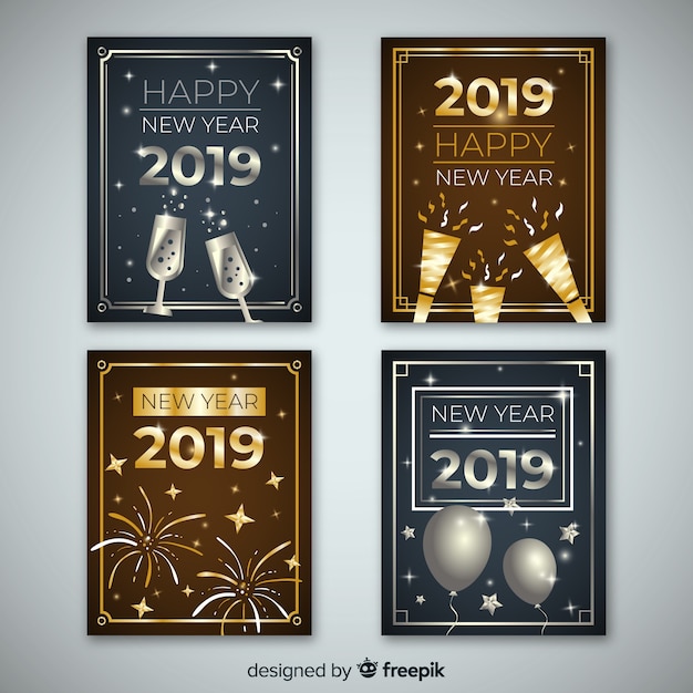 Free vector golden and silver new year 2019 card collection