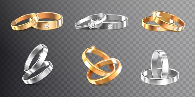 Golden and  silver wedding  rings decorated with precious stones clipping path realistic  illustration,