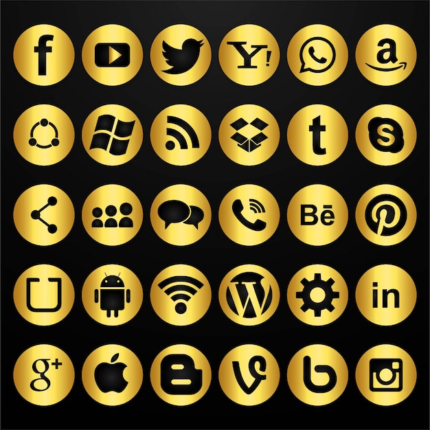 Набор значков в золотых социальных сетях