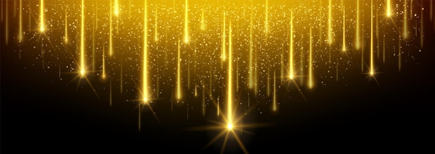 Free vector golden star rain on black background vector realistic illustration of magic night sky pattern yellow sparkling lights falling down with shimmering traces stardust effect bokeh party decoration