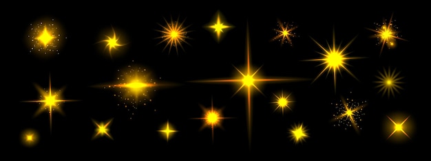 Бесплатное векторное изображение Эффекты сияния золотой звезды, вспышки с блестками и светящиеся лучи, изолированные на черном фоне. реалистичный набор векторных ярко-желтых бликов, золотых бликов с блестящими лучами