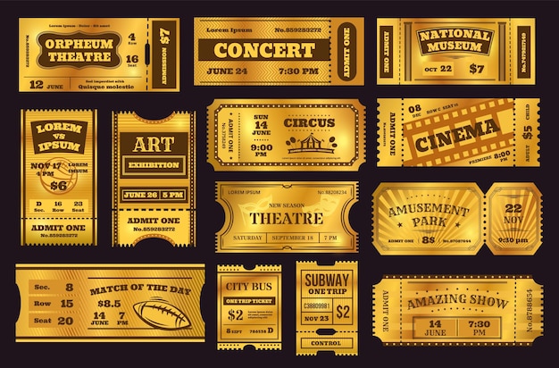 Золотые билеты, старые старинные купоны, премиальный золотой билет. набор векторных карт приглашения ретро кино или концерт, цирк или театр. ваучер на вход в музей и парк развлечений.