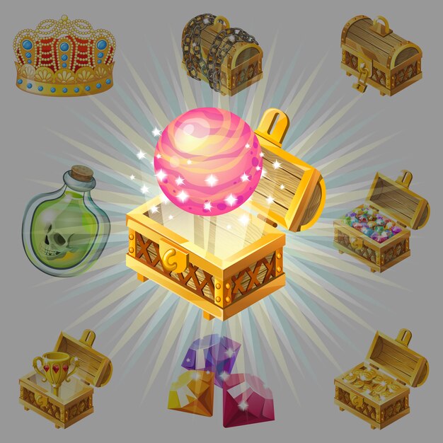 Golden trophies in glowing chest.
