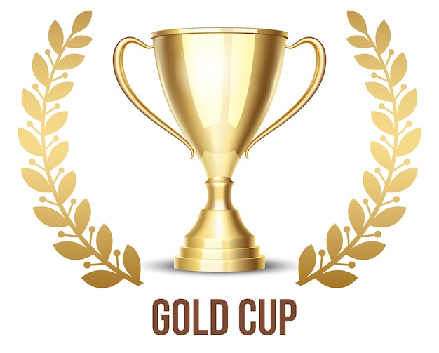 Golden trophy cup with laurel wreath