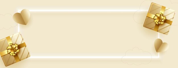 ハートとギフトボックスが付いている黄金のバレンタインデーのバナーカード