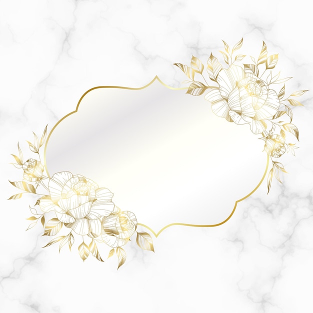 Golden vintage frame with rose flower on marble background.