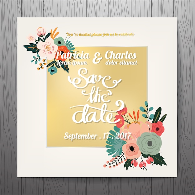 Free vector golden wedding invitation with flowers