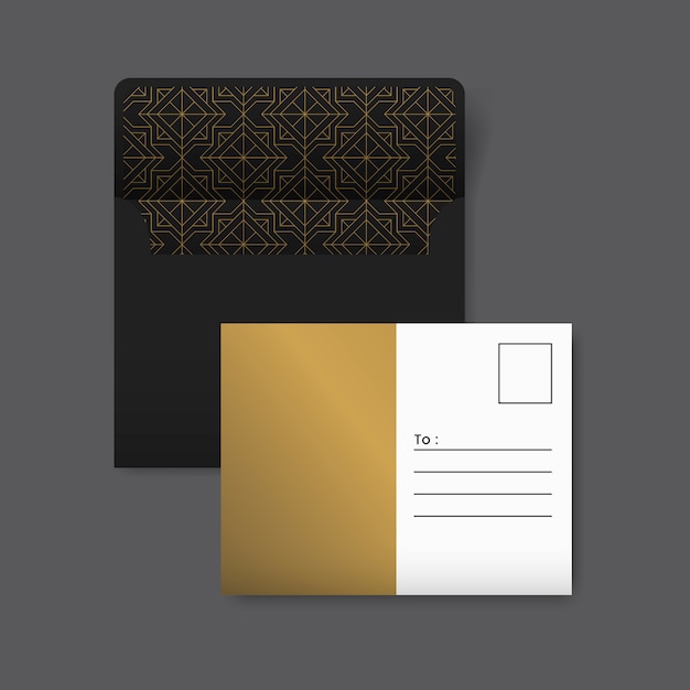 Golden and white postcard with a golden geometric pattern