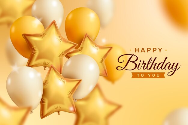 Golden and white realistic happy birthday balloons background