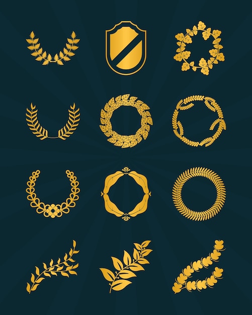 Golden wreaths and badges icon set