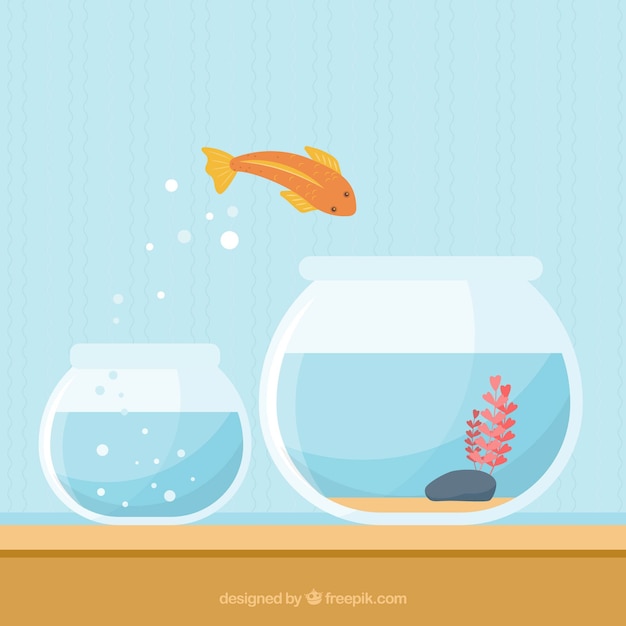 Goldfish saltando fuori da un acquario in stile piatto