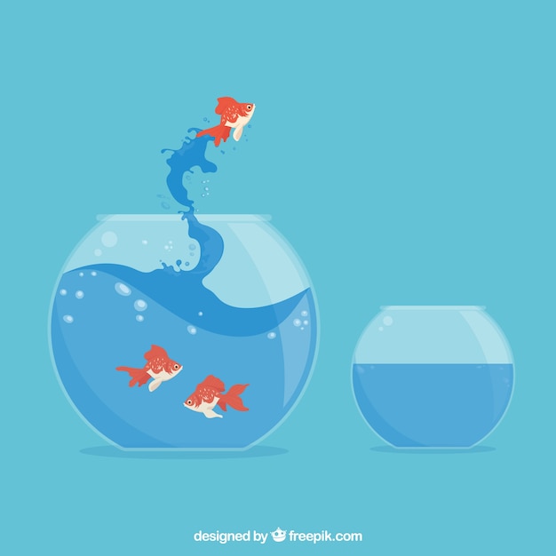 Free vector goldfish jumping out of fishbowl in flat style