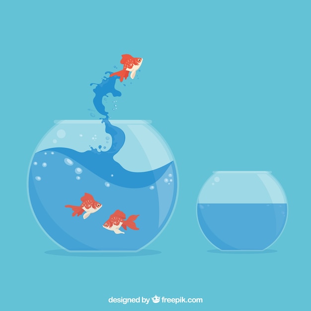 Goldfish jumping out of fishbowl in flat style